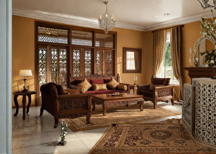 Traditional Pakistani bedroom with carved wooden furniture ethnic decor