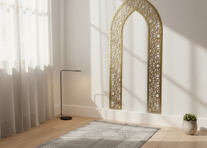 Traditional Pakistani prayer room wooden furniture Qibla wall