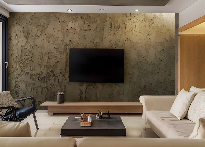 natural stone accent wall TV lounge Pakistani drawing room