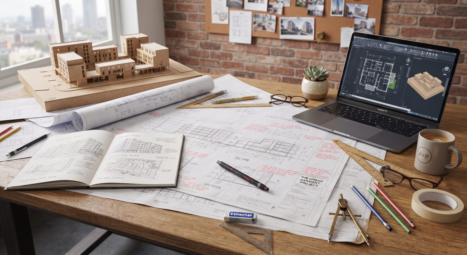 A top-down view of an architect's desk featuring blueprints, a laptop open to architectural software, a physical building model, sketching notebooks, drafting tools, and a coffee mug.