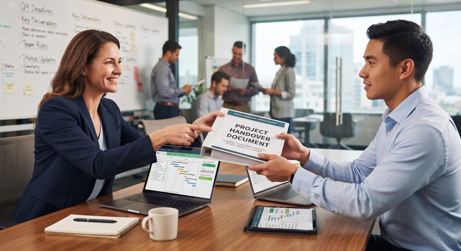 Two professionals in a modern office handing over a binder labeled "Project Handover Document" across a conference table with laptops and project charts.