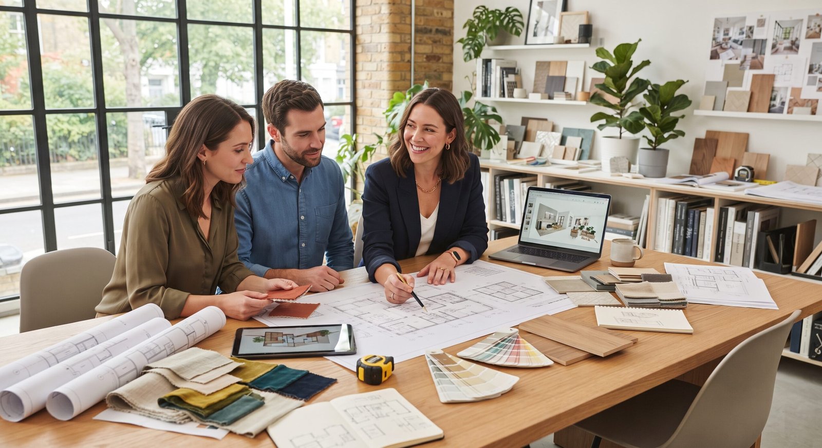 A professional designer reviewing architectural blueprints and color swatches with a couple in a bright, modern studio filled with material samples and plants.