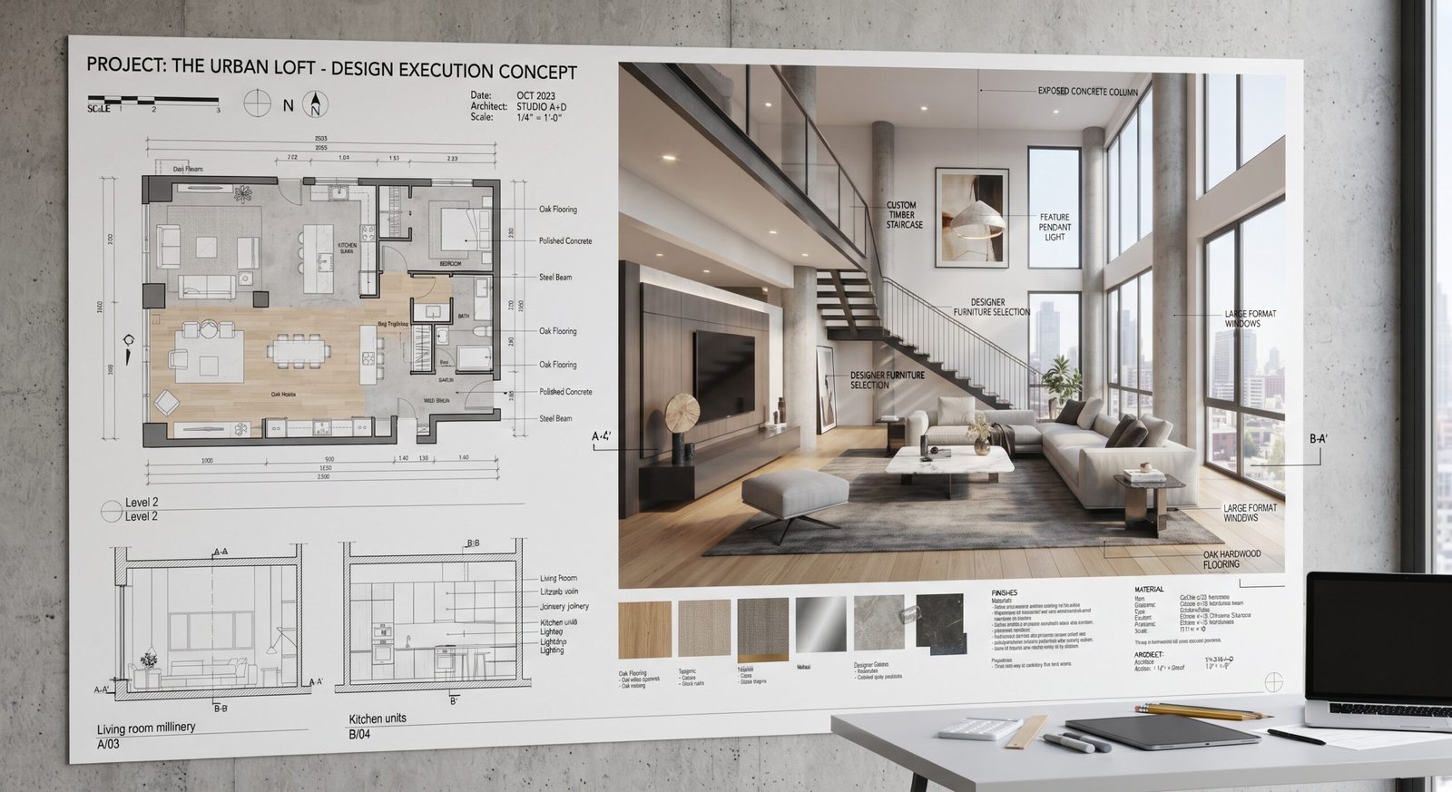 A professional design execution board mounted on a concrete wall, featuring a 2D architectural floor plan, 3D interior renderings of a modern loft, section drawings, and material swatch samples, with a desk, laptop, and drafting tools in the foreground.